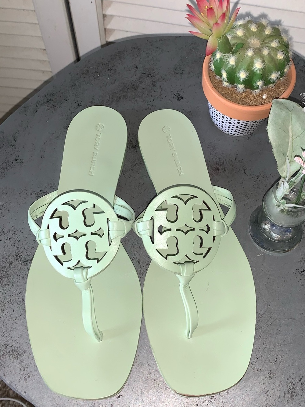Tory Burch Miller Square Toe Leather Sandal Meadow Mist 7.5